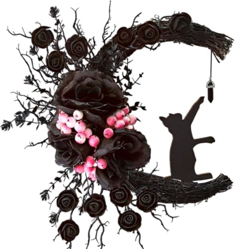 Spooky Halloween Wreath - 2025 Upgrade Black Cat Moon Door Decor with Lights